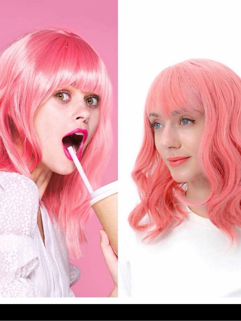 Synthetic Pink Wig with Soft Waves and Bangs - Women Hair